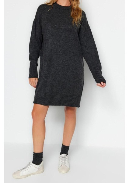 Yeni Oversize Casual Günlük Çift Plaka Triko Bisiklet Yaka Uzun Kol Shift Mini Boy Elbise