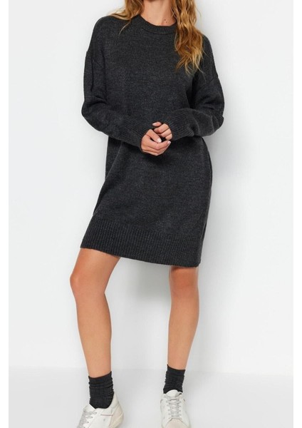 Yeni Oversize Casual Günlük Çift Plaka Triko Bisiklet Yaka Uzun Kol Shift Mini Boy Elbise