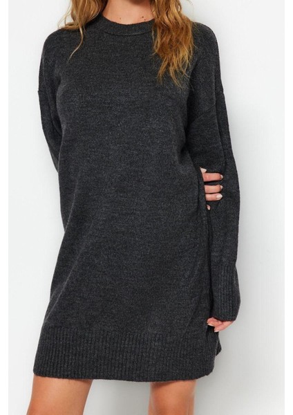 Yeni Oversize Casual Günlük Çift Plaka Triko Bisiklet Yaka Uzun Kol Shift Mini Boy Elbise