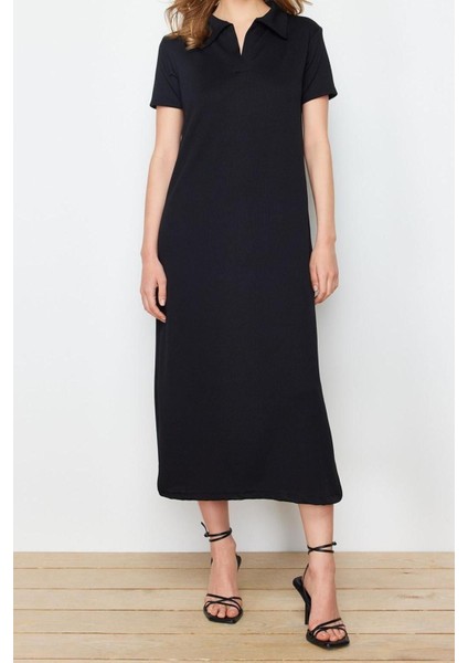 Regular Casual Günlük Süprem Örme Polo Yaka Kısa Kol Shift Midi Boy Elbise