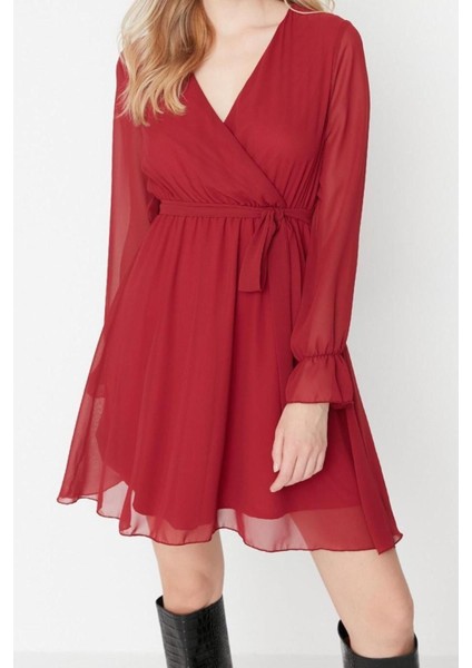 Yeni Fit Gündüz Gece Şifon Dokuma Kruvaze Uzun Kol Skater Mini Boy Elbise