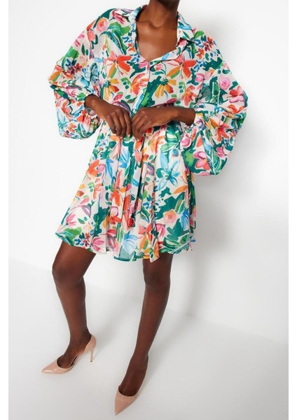 Yeni Regular Casual Günlük Şifon Dokuma V Yaka Uzun Kol Skater Mini Boy Elbise