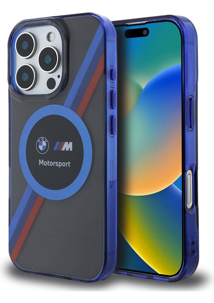 Apple iPhone 16 Pro Kılıf Bmw Lisanslı Magsafe Özellikli M Logolu Üç Renk Çizgili Motorsport Circle Siyah