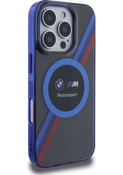Apple iPhone 16 Pro Kılıf Bmw Lisanslı Magsafe Özellikli M Logolu Üç Renk Çizgili Motorsport Circle Siyah modelleri