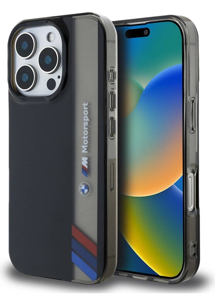 Apple iPhone 16 Pro Uyumlu Kılıf Bmw Lisanslı M Logolu Üç Renk Çizgili Motorsport Vertical Stripe Siyah