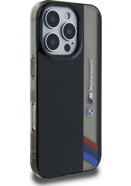 Apple iPhone 16 Pro Uyumlu Kılıf Bmw Lisanslı M Logolu Üç Renk Çizgili Motorsport Vertical Stripe Siyah modelleri