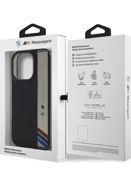 Apple iPhone 16 Pro Uyumlu Kılıf Bmw Lisanslı M Logolu Üç Renk Çizgili Motorsport Vertical Stripe Siyah indirimleri