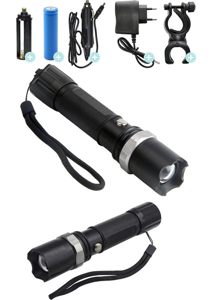 KM-110 Profesyonel Şarjlı El Feneri Ledli+Flashlight+Zoom Özellikli 6 Parça Full Set