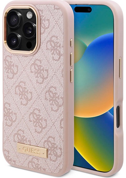 Apple iPhone 16 Pro Uyumlu Kılıf Guess Lisanslı Magsafe Özellikli 4g Desenli Pu Metal Klasik Logolu Pembe