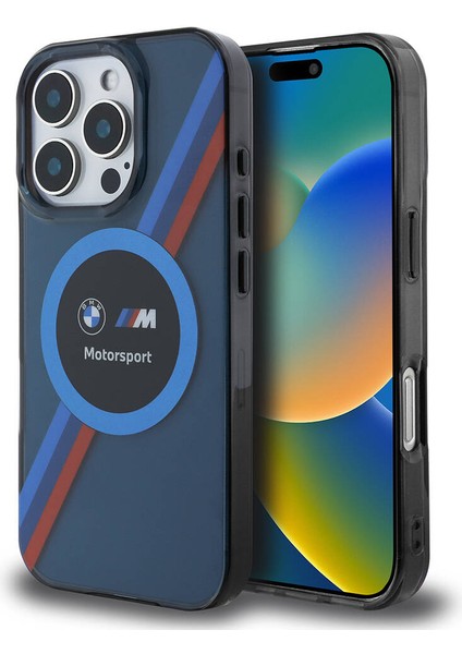 Apple iPhone 16 Pro Max Kılıf Bmw Lisanslı Magsafe Özellik M Logo Üç Renk Çizgi Motorsport Circle Lacivert