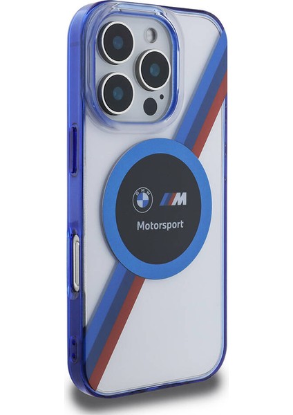 Apple iPhone 16 Pro Max Kılıf Bmw Lisanslı Magsafe Özellik M Logo Üç Renk Çizgi Motorsport Circle Lacivert modelleri
