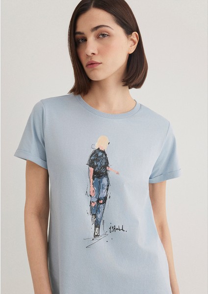 Denim Kız Baskılı Mavi İstanbul Tişört 1610222-70816