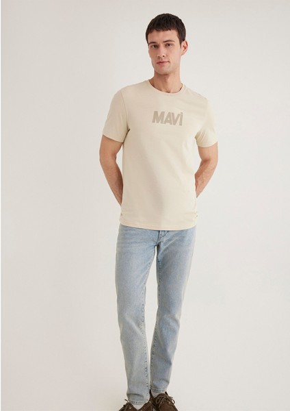 Mavi Logo Baskılı Bej Tişört 066846-70322
