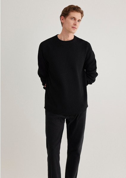 Uzun Kollu Dokulu Siyah Basic Tişört 0610106-900