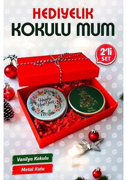 Tuğset Etiket Yılbaşı Hediyelik Metal Kutu Kokulu Mum 2'li set no:1 Christmas Gift CANDLE-T1104