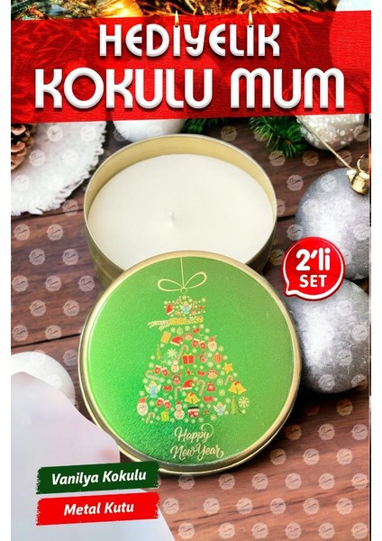 Tuğset Etiket Yılbaşı Hediyelik Metal Kutu Kokulu Mum 2'li set no:1 Christmas Gift CANDLE-T1104