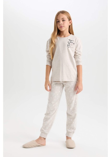 Kız Çocuk Pijama Takımı Bisiklet Yaka Baskılı Uzun Kollu Üst Beli Lastikli Uzun Alt D6656A824WN