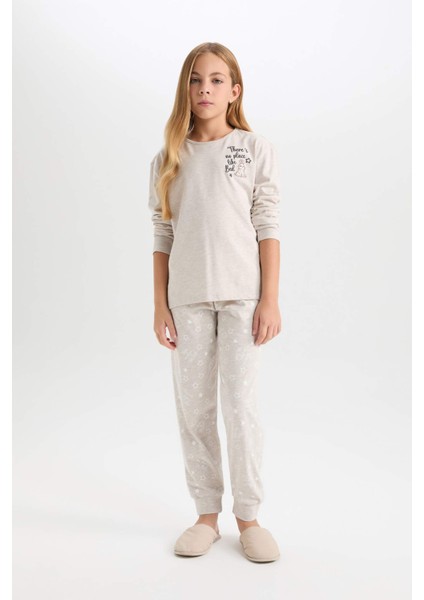 Kız Çocuk Pijama Takımı Bisiklet Yaka Baskılı Uzun Kollu Üst Beli Lastikli Uzun Alt D6656A824WN