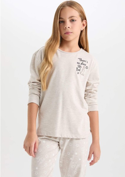 Kız Çocuk Pijama Takımı Bisiklet Yaka Baskılı Uzun Kollu Üst Beli Lastikli Uzun Alt D6656A824WN