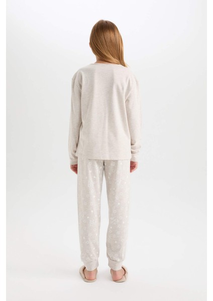 Kız Çocuk Pijama Takımı Bisiklet Yaka Baskılı Uzun Kollu Üst Beli Lastikli Uzun Alt D6656A824WN