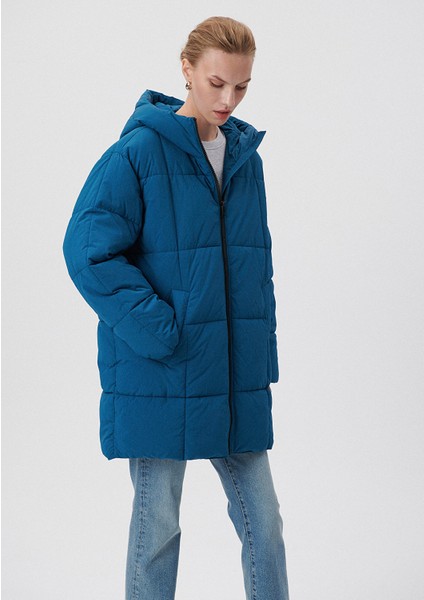 Kapitone Kapüşonlu Mavi Şişme Mont1110218-70789
