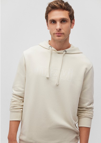 Mavi Logo Baskılı Kapüşonlu Bej Sweatshirt 065606-70134