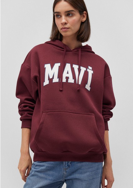 Logo Baskılı Kapüşonlu Bordo Sweatshirt 1600361-85493
