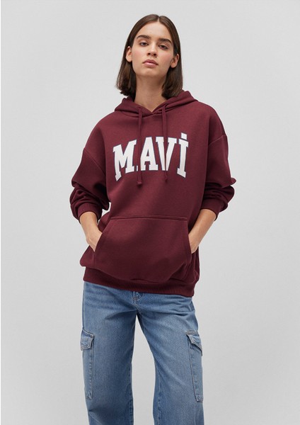 Logo Baskılı Kapüşonlu Bordo Sweatshirt 1600361-85493