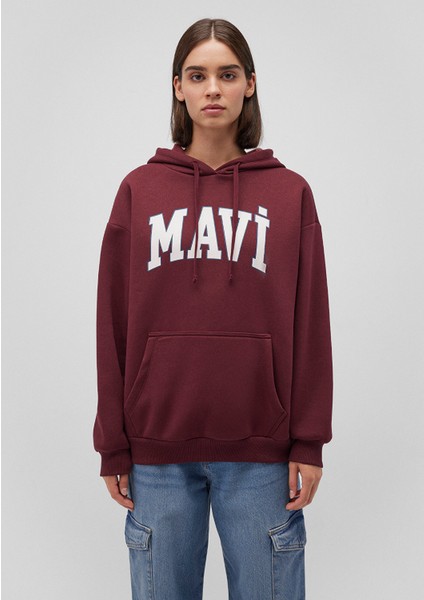 Logo Baskılı Kapüşonlu Bordo Sweatshirt 1600361-85493