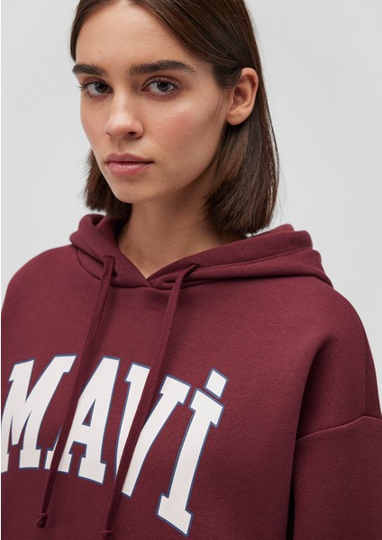 Logo Baskılı Kapüşonlu Bordo Sweatshirt 1600361-85493