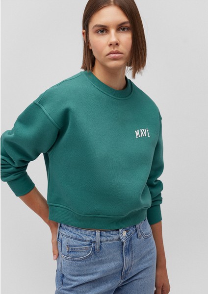 Mavi Logo Baskılı Yeşil Crop Sweatshirt 1611601-71874