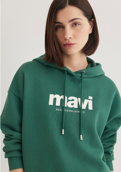 Logo Baskılı Kapüşonlu Yeşil Sweatshirt 168334-71874