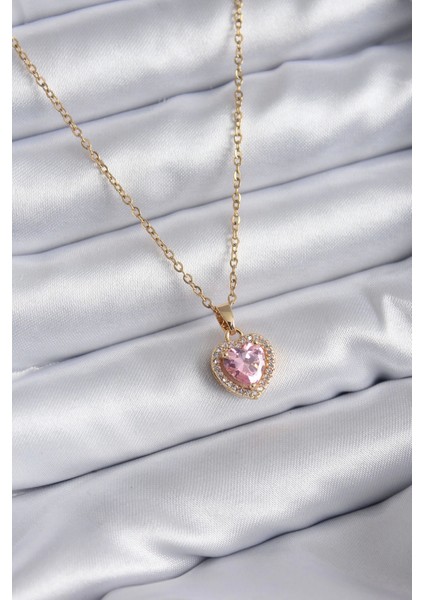 316L Çelik Zincir Gold Renk Pembe Zirkon Taş Kalp Model Charm Kadın Kolye - TJ-BKO7851