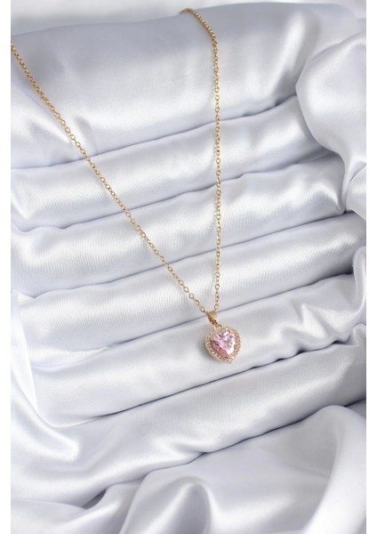 316L Çelik Zincir Gold Renk Pembe Zirkon Taş Kalp Model Charm Kadın Kolye - TJ-BKO7851