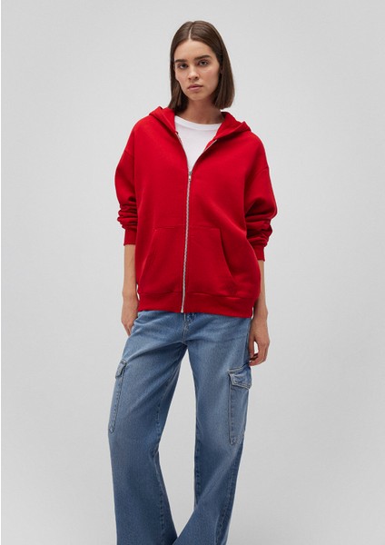 Fermuarlı Kapüşonlu Kırmızı Basic Sweatshirt 1611775-82054