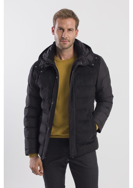 Siyah Comfort Fit Kapüşonlu Şişme Mont
