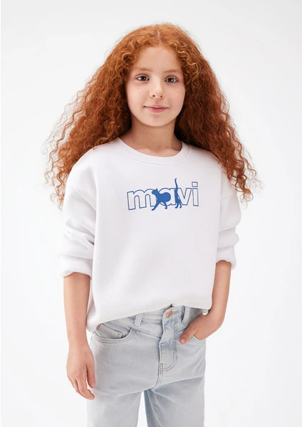 Logo Kedi Baskılı Beyaz Sweatshirt7S10001-620