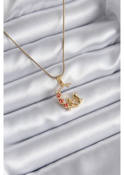 316L Çelik Gold Renk Hilal Kedi Model Zirkon Taşlı Detay Kadın Kolye - TJ-BKO8140