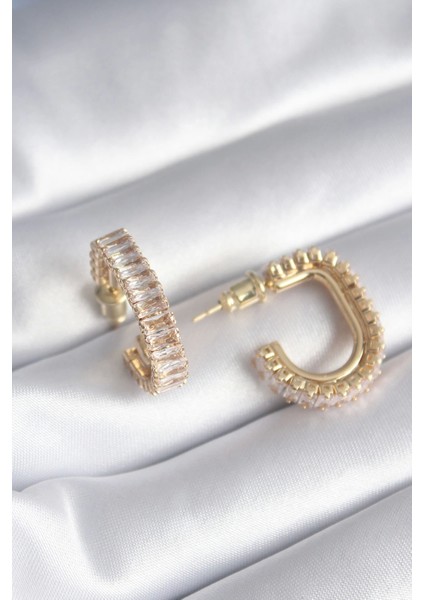 Pirinç Gold Renk Zirkon Taşlı Kadın Küpe - TJ-BKP8416