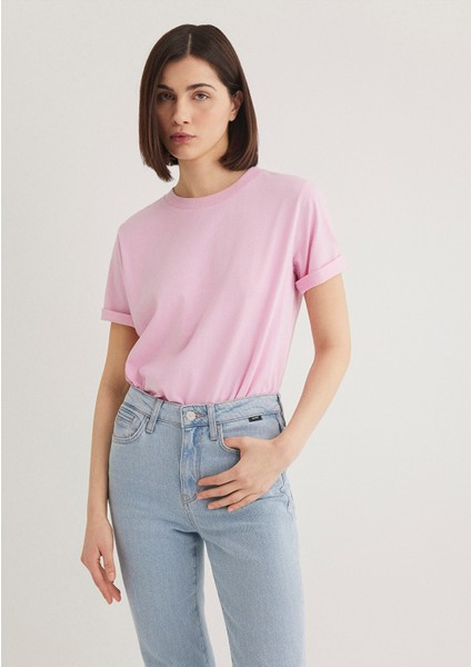 Bisiklet Yaka Pembe Basic Tişört 1600955-71117