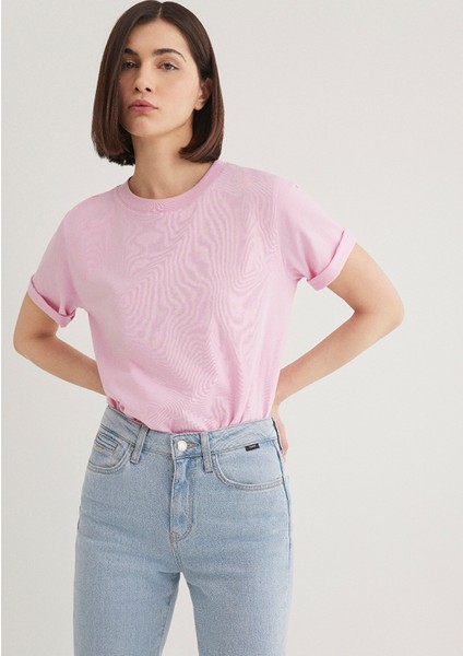 Bisiklet Yaka Pembe Basic Tişört 1600955-71117