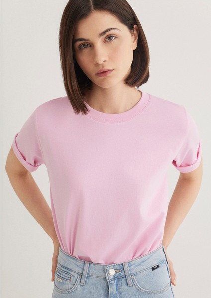 Bisiklet Yaka Pembe Basic Tişört 1600955-71117