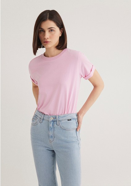 Bisiklet Yaka Pembe Basic Tişört 1600955-71117