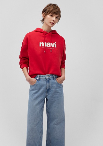 Logo Baskılı Kapüşonlu Kırmızı Sweatshirt 168334-35476
