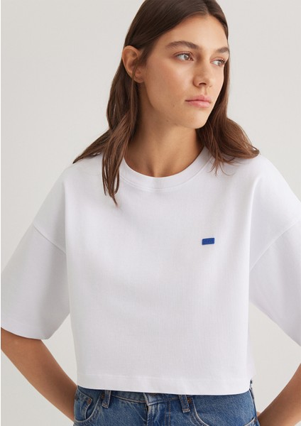 Bisiklet Yaka Basic Beyaz Crop Tişört 1612187-620