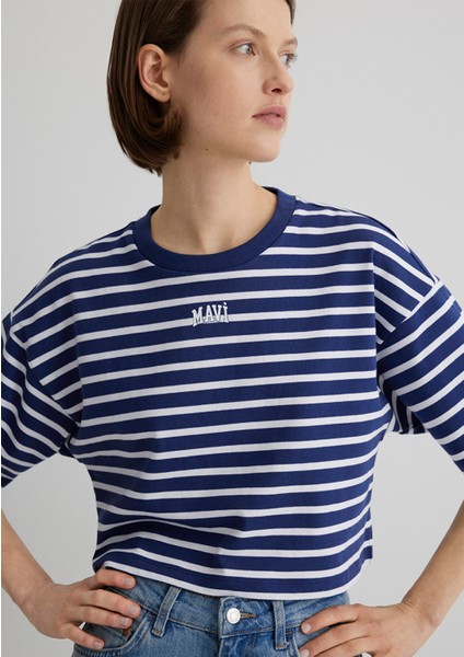 Mavi Logo Baskılı Çizgili Lacivert Crop Tişört 1612228-86681