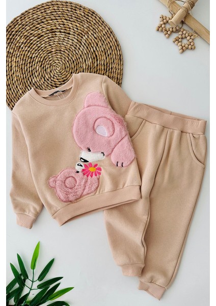 Sevimli Panda Aplike Işleme Kız Çocuk kışlık takım - Kahve
