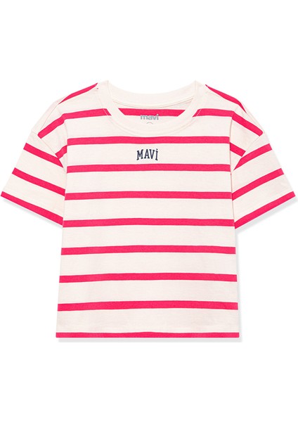 Logo Baskılı Pembe Çizgili Crop Tişört 7610182-71111