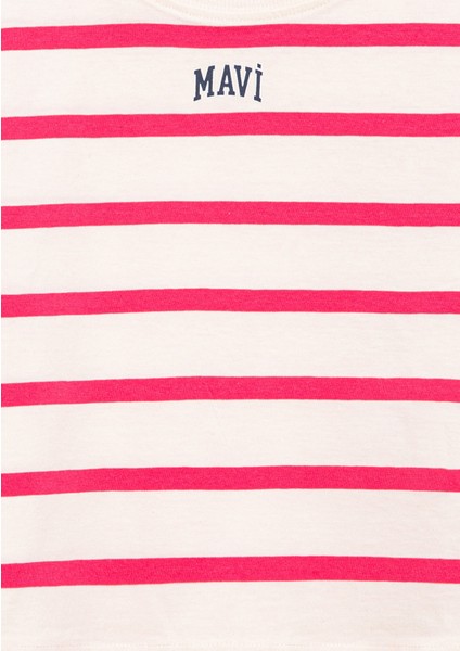 Logo Baskılı Pembe Çizgili Crop Tişört 7610182-71111