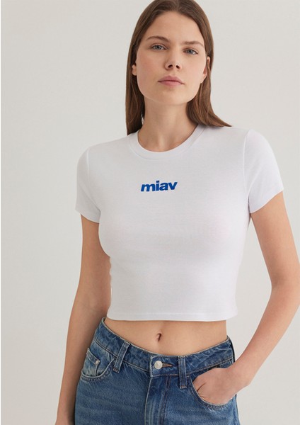 Miav Baskılı Beyaz Crop Tişört 1612453-620